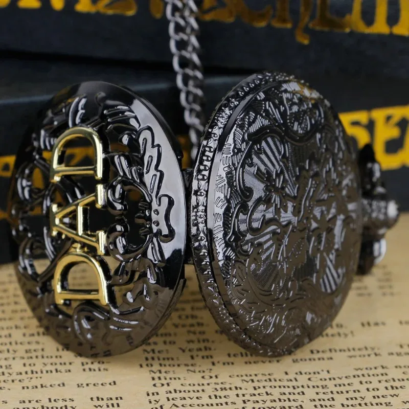 DAD 彫刻クォーツメンズ懐中時計チェーンネックレス付きヴィンテージブラック高品質ヴィンテージ誕生日ギフトお父さんへ