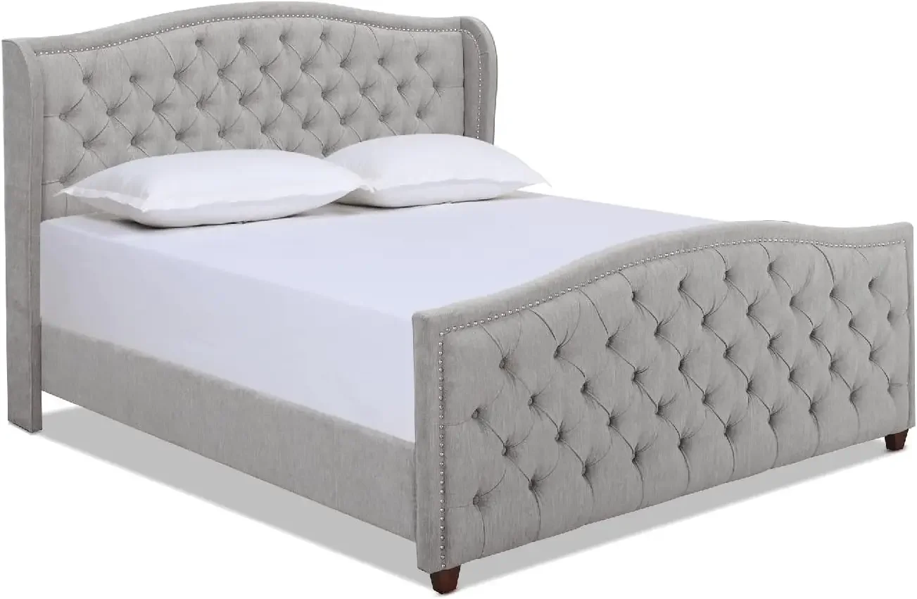 Marcella Upholstered Shelter Headboard Bed Set, King, Silver Grey Polyester