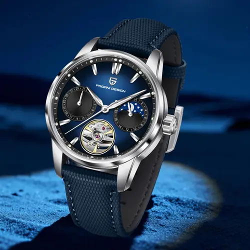 Imagen 2 del producto PAGANI DESIGN, relojes para hombre con esfera azul degradado, Tourbillon, fase lunar, reloj automático para hombre, nuevo reloj de pulsera mecánico para hombre 2025