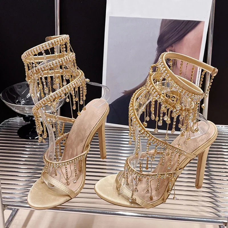 Luxury Women Shoes Elegant Wedding Banquet Shoe Fashion Crystal Tassel Twining Stiletto Sandals for Women Sexy Open Toe Stripper