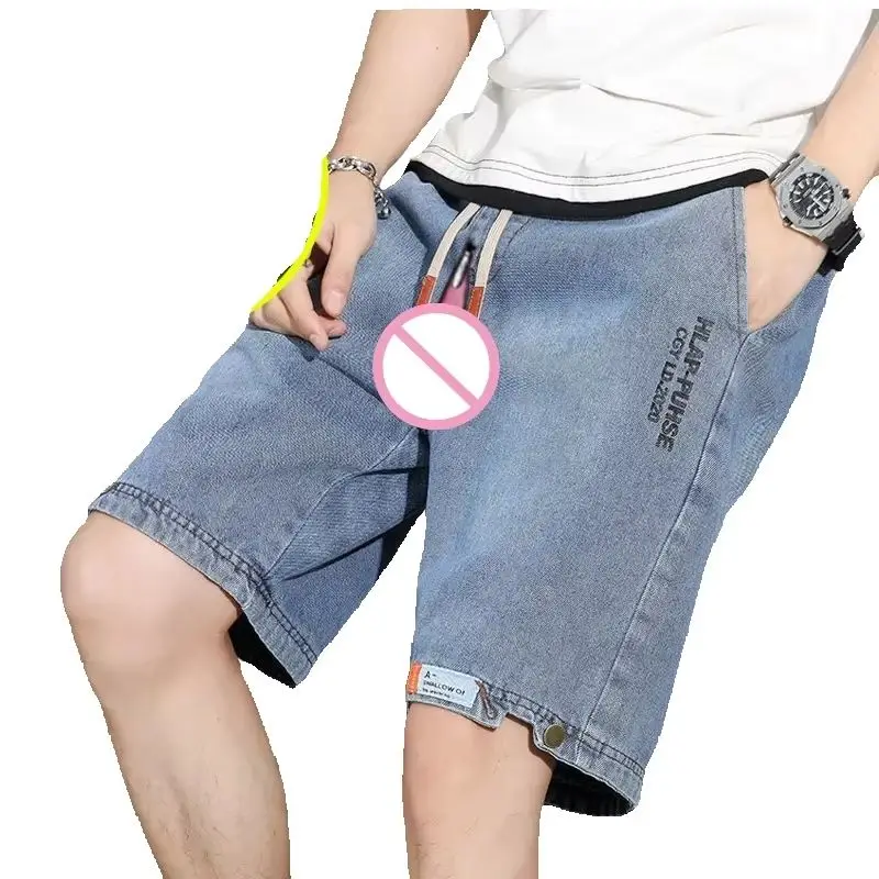 Man Open Crotch Hidden Zipper Pants Sexy Shorts Gay Jeans Knee Length Pocket Crotchess Trousers Short Clubwear Summer Costume