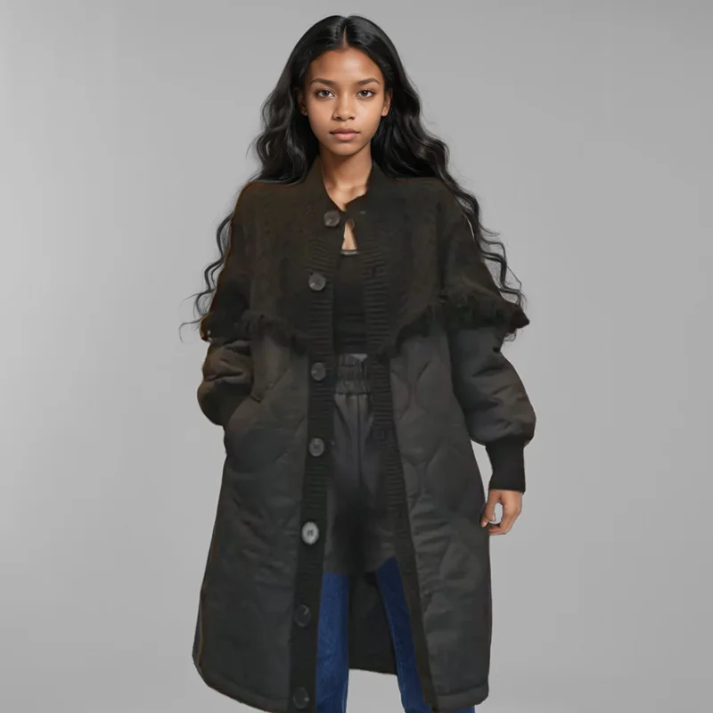 WTHT Fashion Women\'s Spliced Tassel Knit Warm Coat 2024 Winter Trendy O-neck Single Breasted Long Jacket Female 1LS231