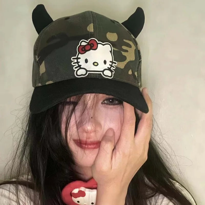 

Hello Kitty Hat MINISO Anime Peripheral Hip Hop Punk Baseball Cap Little Devil Camouflage Hat Fashion Personality Versatile Cute