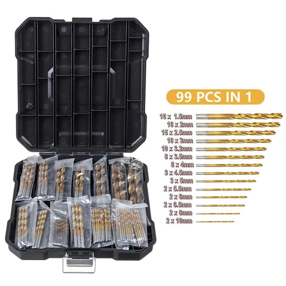 99 Pcs Titanium Drill Bit Set Drilling Hole Tools High-Speed Steel Drill Bits Woodworking Hole Opener