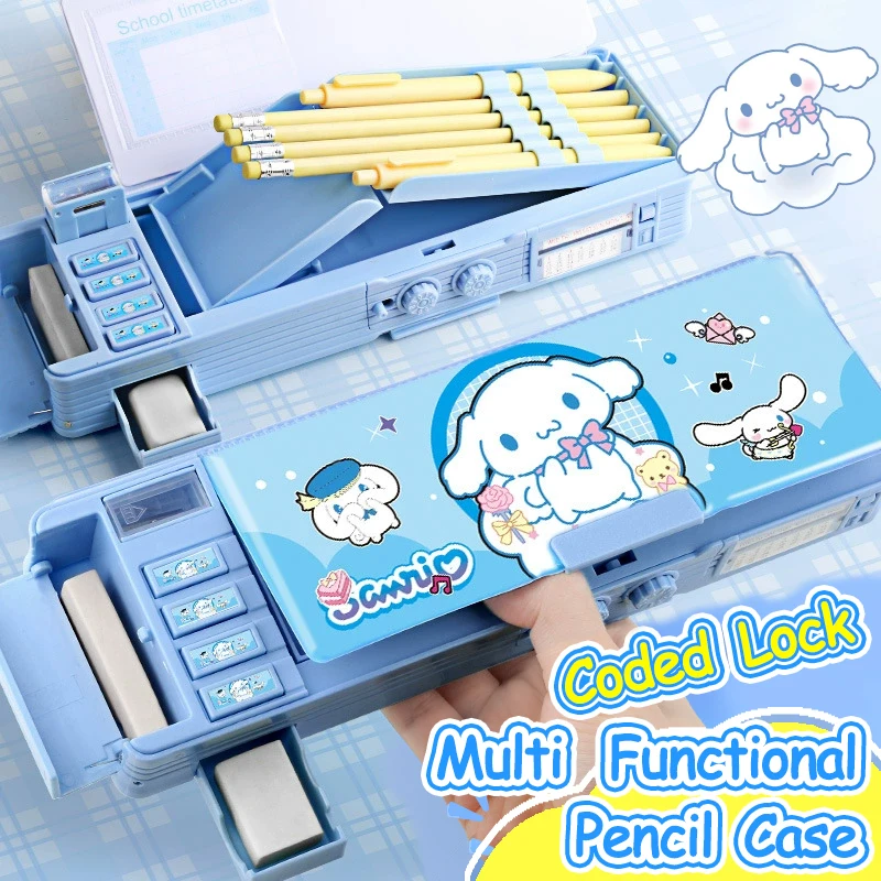 Astuccio per matite Kawaii Cinnamoroll Kuromi Melody Astuccio multifunzione a doppio strato con serratura codificata di grande capacità Cancelleria per studenti