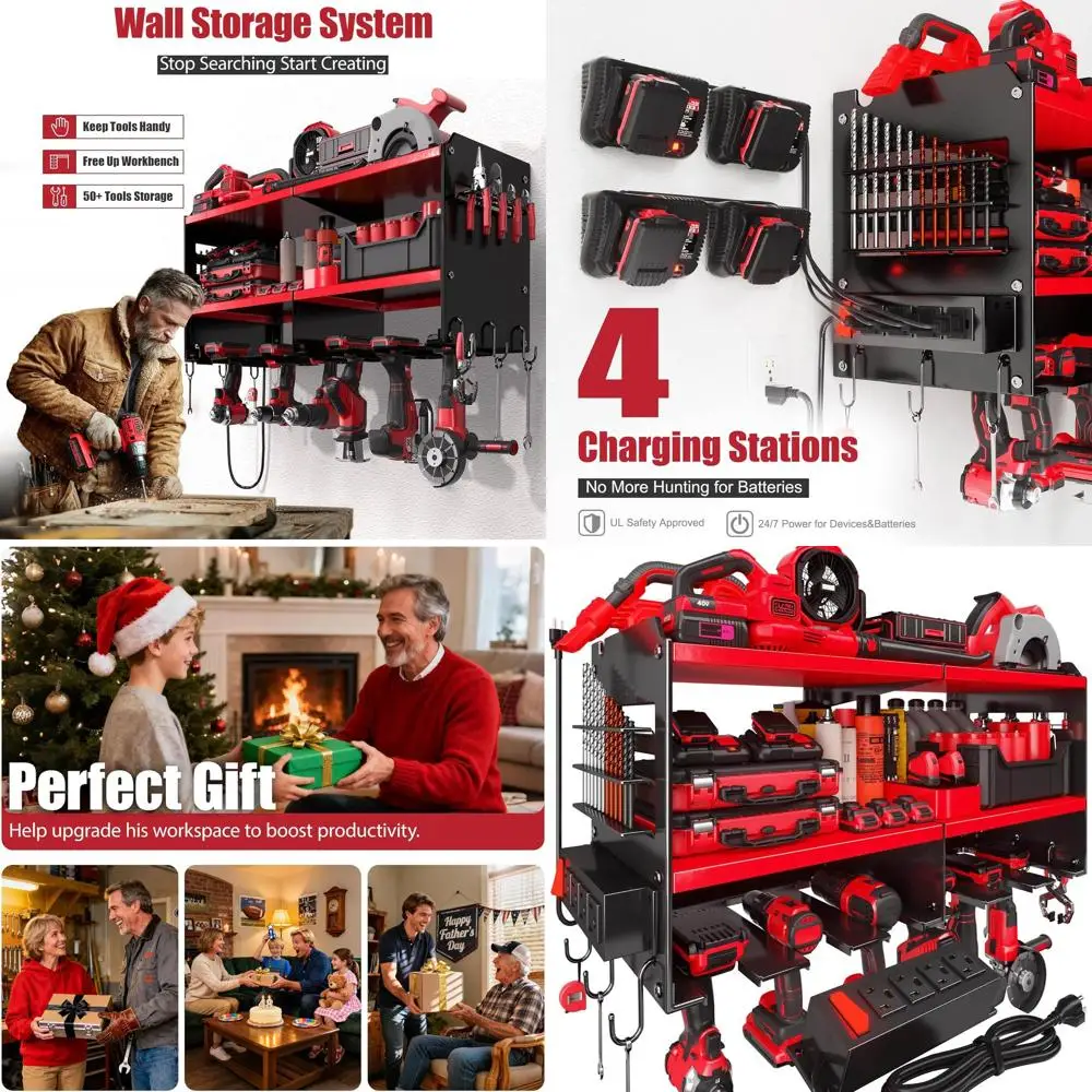 

Drill and Battery Organizer Wall Mount with 4-Outlet Strip, Metal Rack for Garage, Holds 6 Tools - Perfect Christmas Gift for Me