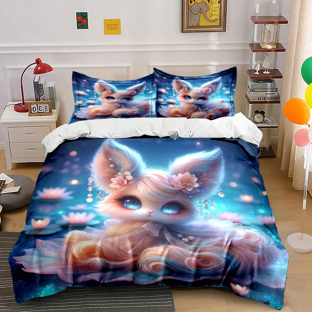 Dreamy lotus pond and plush fox Printed Duvet Cover Set1 Duvet Cover+2 Pillowcase Multi Size Bedroom Bedding Decor Luxury gifts