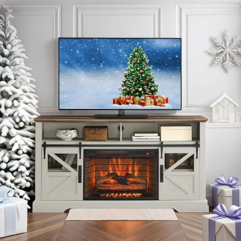 Fireplace TV Stand with 3D Flame Effect and Door Sensor - Entertainment Center with 26 inch Electric Fireplace