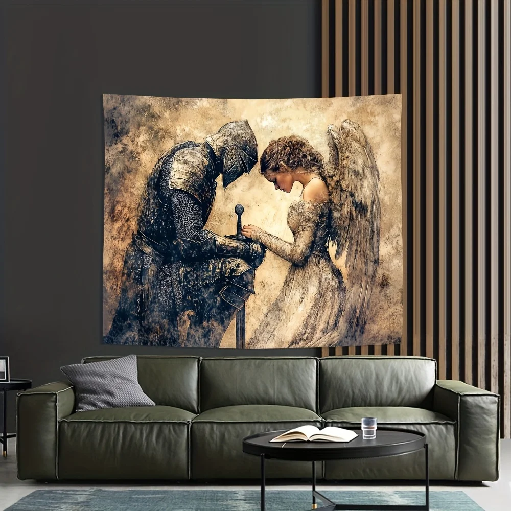 Epic Fantasy Wall Tapestry Canvas Art Angel and Knight Warrior Decor Medieval Gothic Style Home Hanging Poster Print Gift for