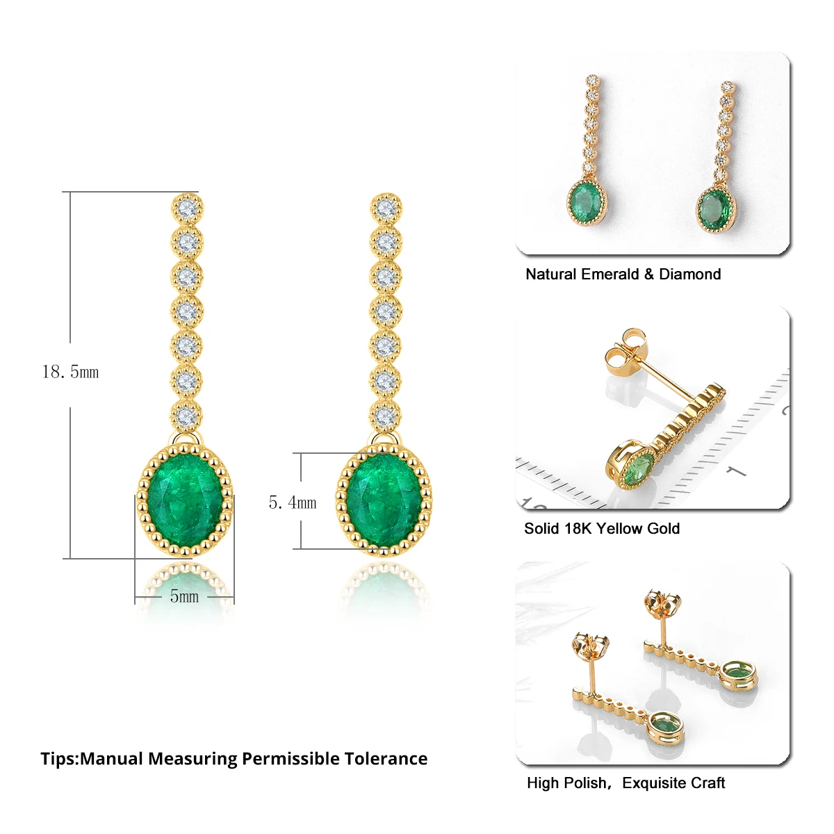 LP Natural Emerald & Diamond Earrings Solid 18K Yellow Gold Earring Fashion Style Fine Jewelry for Women's Birthday Gift