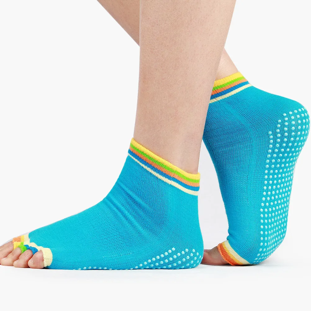 2Pair Non-Slip Yoga Socks Anti-Slip Silicone Sole Socks for Ballet Pilates Fitness Sports Dark -Blue Breathable