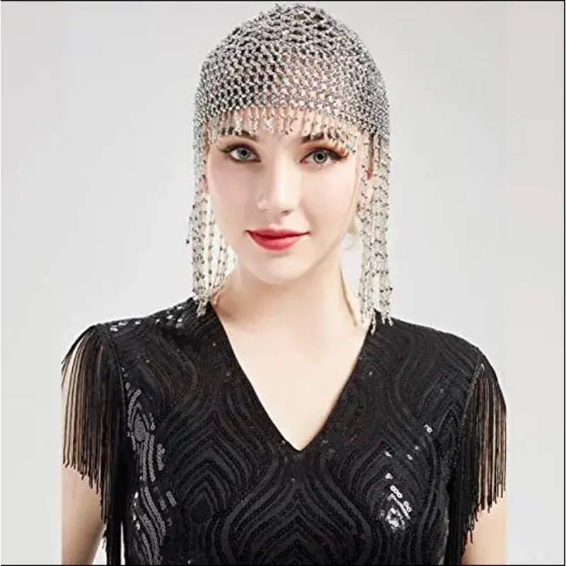 Indian Belly dance Cap Tassel Beaded Hat Women Space Warrior Wig Sliver Performance Stage Short Cover