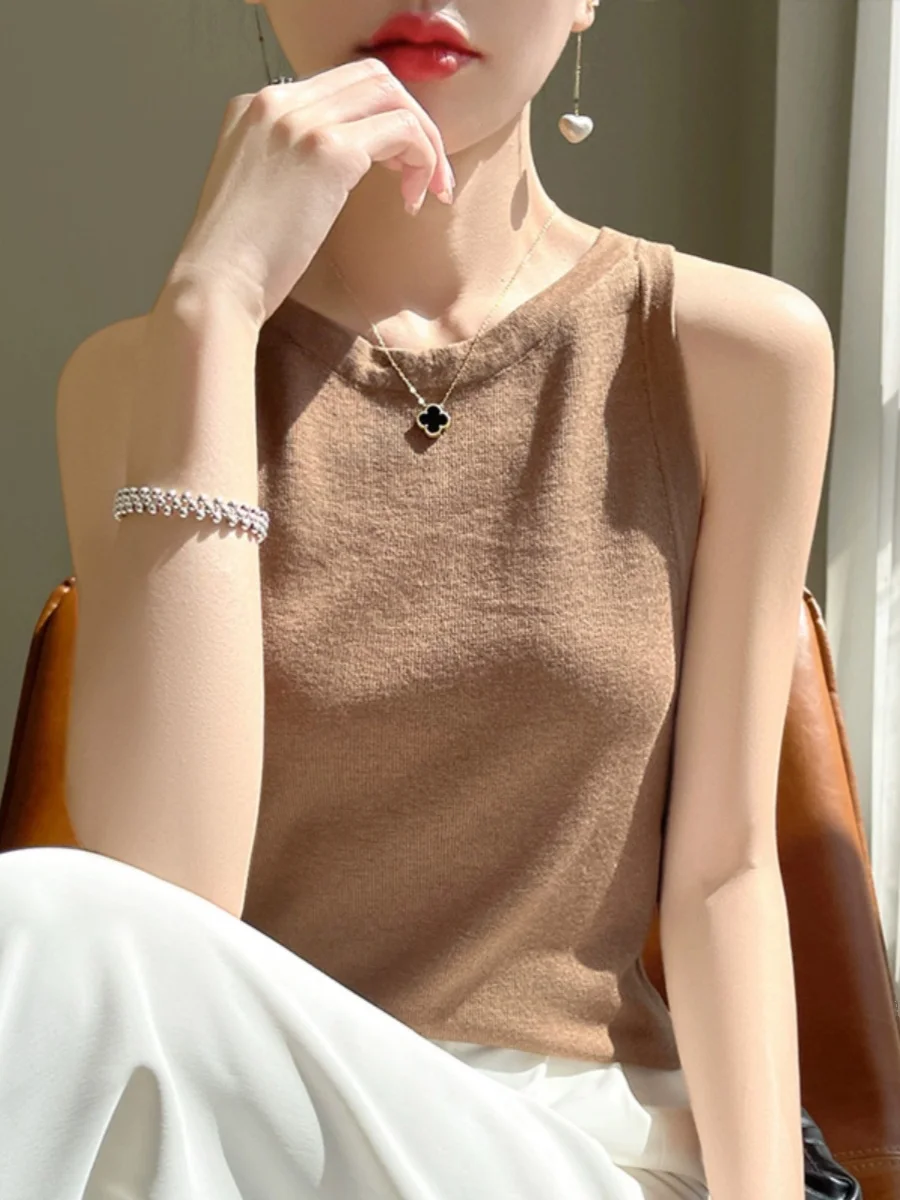 여성용 부드럽고 편안한 원숄더 라운드 넥 니트 탱크탑 초미세 방적 울 베이스 이르트 출퇴근용 순색