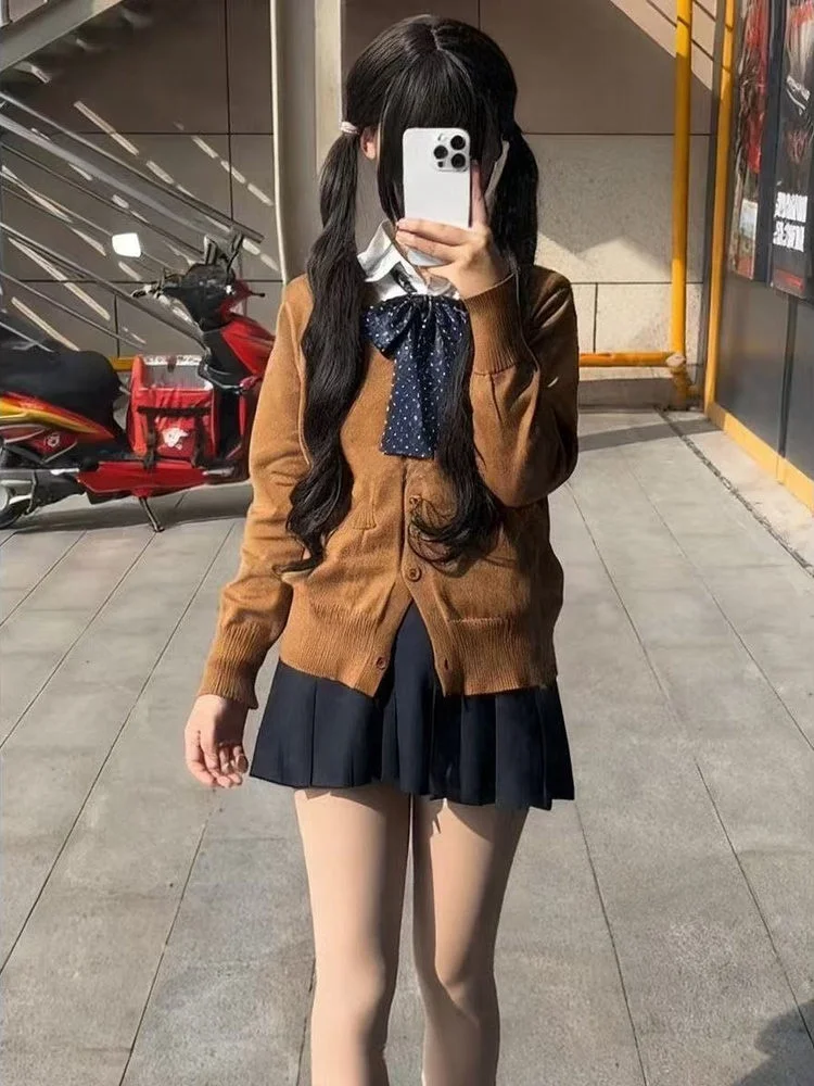 

Повседневный вязаный свитер для колледжа Long Sve Lazy Faion Set с юбкой ort для поездок на работу и школы JK orm Полиэстер