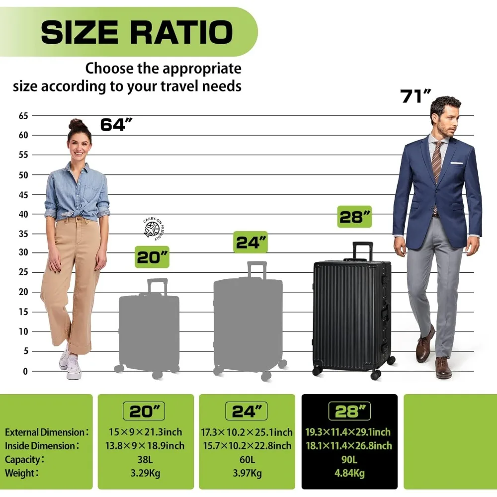 Maleta de equipaje con cerradura TSA de carcasa dura con marco de aluminio, 28 pulgadas, color negro, sin cremallera, esencial para viaje
