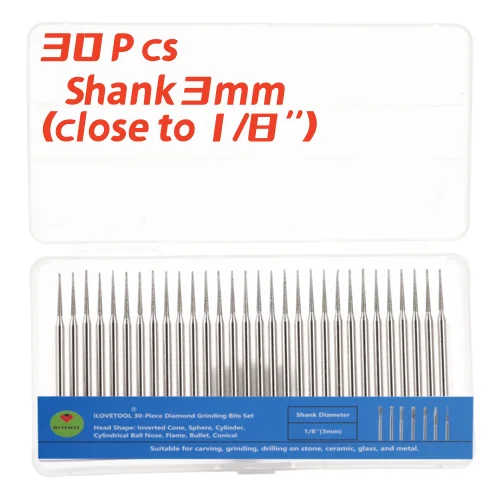 30Pcs Diamond Grinding Bits 2mm Cone Tapered Carving Burrs Conical Rotary Points