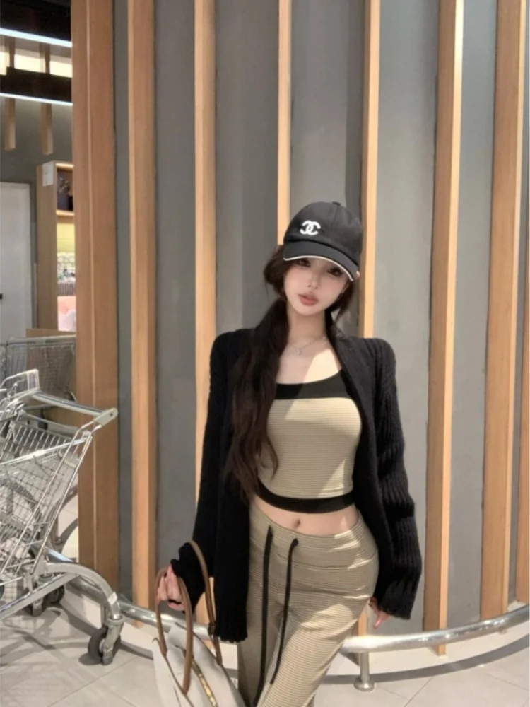 Senhoras casual sle coreano listrado camisola conjunto confortável v-ne longo sve calças de cintura alta faionable início do outono wear