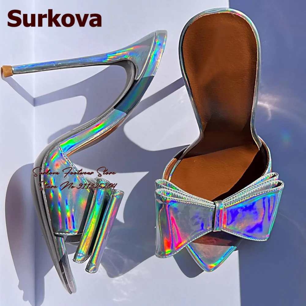 Surkova Silver Hologram Iridescent Sandals Patent Leather Big Bowtie Sharp Toe Modern High Heel Slippers Slip-on Dress Shoes