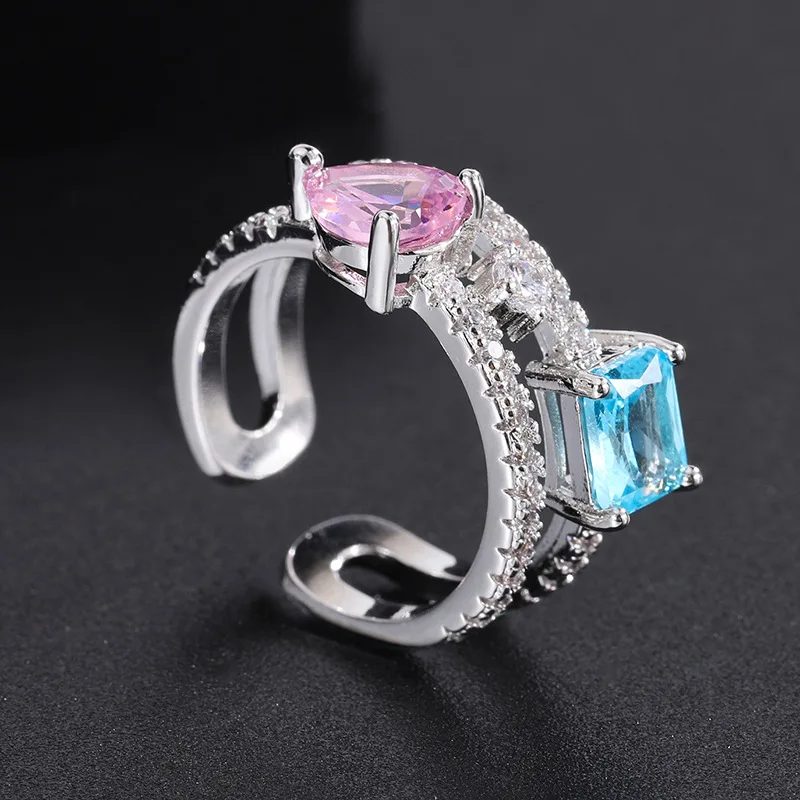 

Colorful Jewelry European and American Rings Red Zircon Elegant Wedding Rings for Women Micro Pave Diamond Open Rings