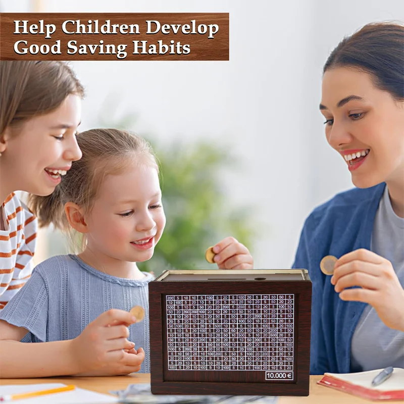 DIY Money Box Wooden Piggy Bank Cash Vault Saving Challenge Box Money Saving Box 1000/2000/3000/5000/10000 Euro Cash Coin Case