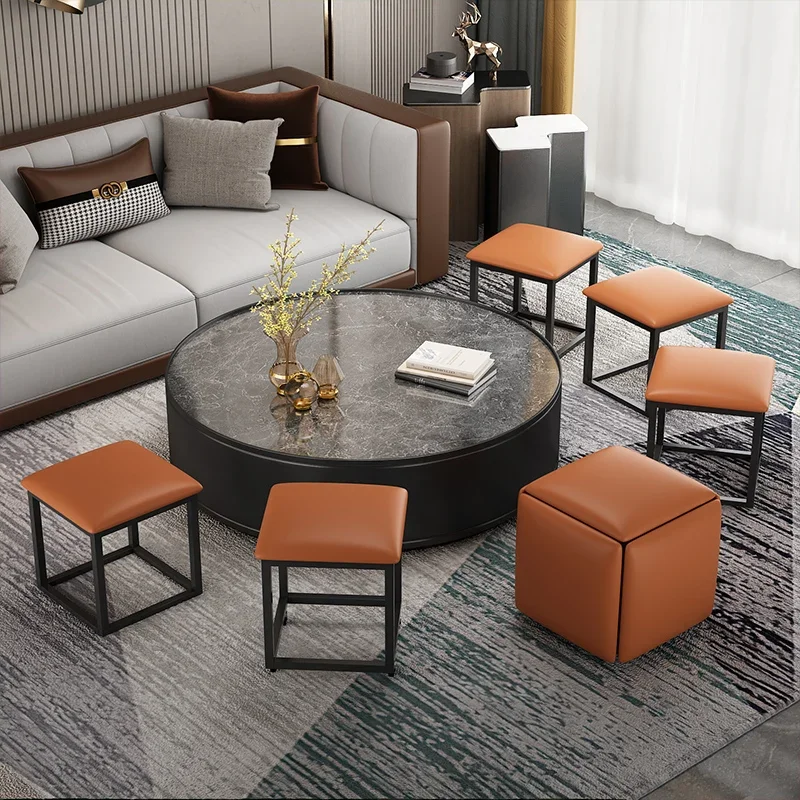 

Multifunctional Cube Stool Combined Tea Table Creative Storage Stool Foldable Dining Table and Chair Faux Leather Light Luxury