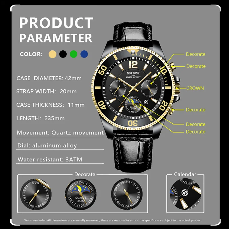 NOTIONR Luxury Men\'s Fashion Gold Watches for Men Sports Leather Quartz Watch Man Business Casual Luminous Clock reloj hombre