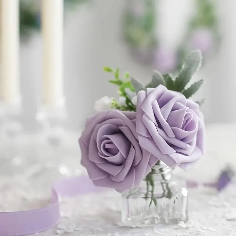 Artificial Flowers 25pcs Real Looking Lilac Foam Fake Roses with Stems for DIY Wedding Bouquets Bridal Shower Centerpieces Flora