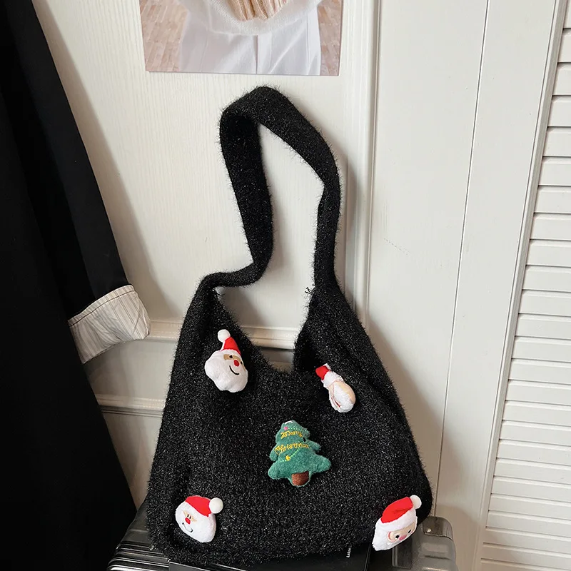 

Christmas Knitted Shoulder Bag Women Simple Large Capacity Hollow Woven Tote Bag Textured Casual and Versatile Commuting Bag