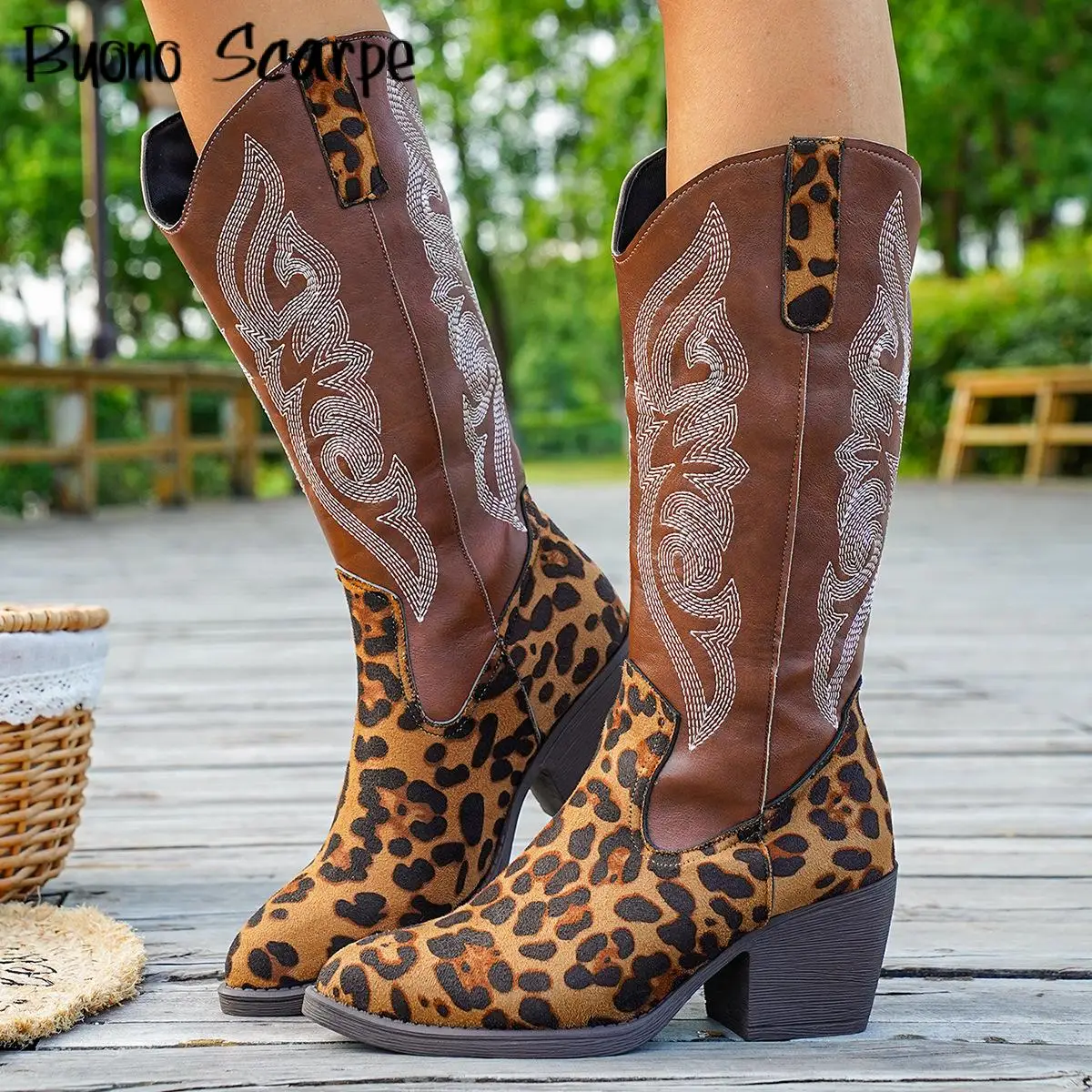 

Western Style Leopard Embroidery Sewing Pointed Toe Women Boots Slip On High Heels Knee High Cowboy Fashion Retro Casual Shoes