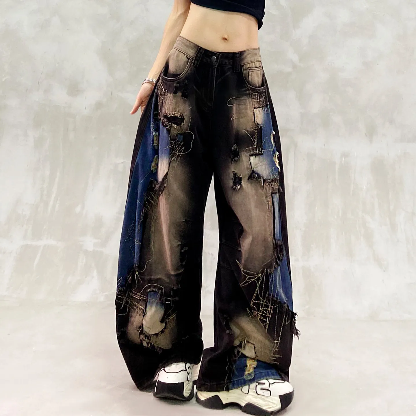 Womens Patchwork Ripped Jeans High Waist Wide Leg Denim Trousers Relaxed Straight Fit for Casual Summer Days and City Outfits