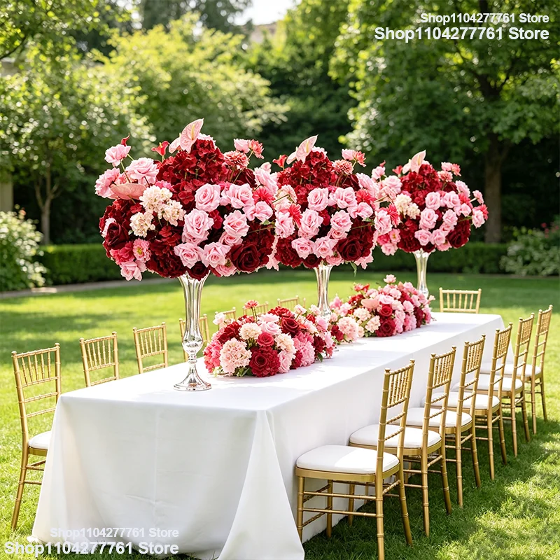 Künstliche burgunderrote rosa Rose 5D Hochzeitstisch-Mittelstück Blumenball Seidenhortensie Anthurie Blumenstrauß Event-Party-Dekoration – Detail 1
