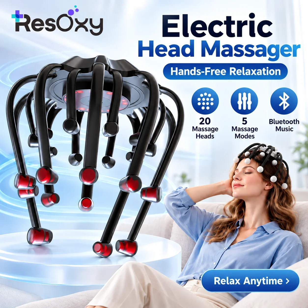 Electric head Massager with Bluetooth 20 Massage Heads for Multi-Point Contact Tips 5 Modes Deep Relaxing And Stress Relief