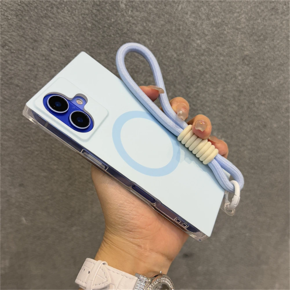 Candy Color Magnetic For Magsafe Wireless Charging Wrist Strap Phone Case For iPhone 17 13 14 15 16 Pro Max Shockproof Cover