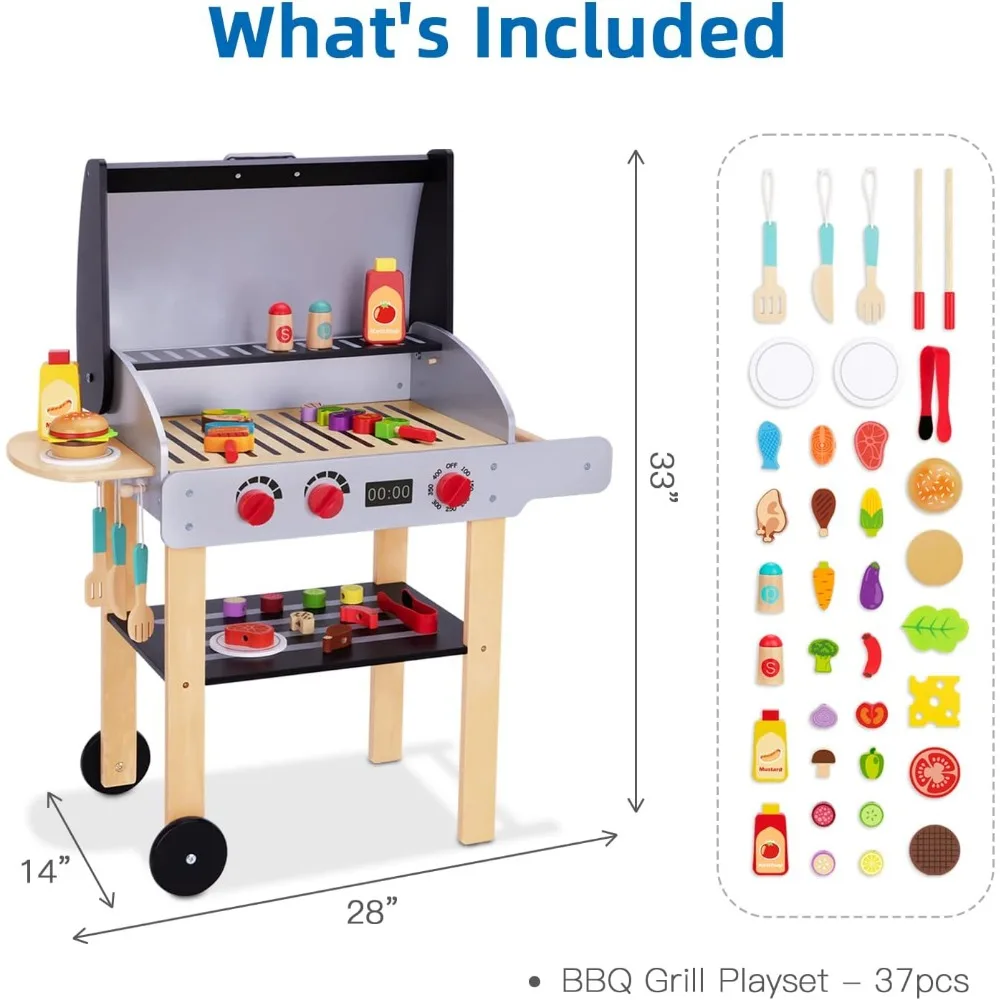 Parrilla de juguete de barbacoa de juego de madera, juego de parrilla para niños con herramientas para jugar comida y asar, accesorios de cocina para niños pequeños