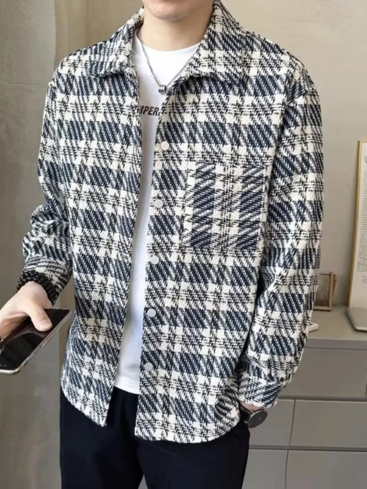 

Retro Plaid Embroidered Jaet Men's Trendy Loose Casual Collarl Coat Autumn Windproof Youth ular Straight Hem Long Sve