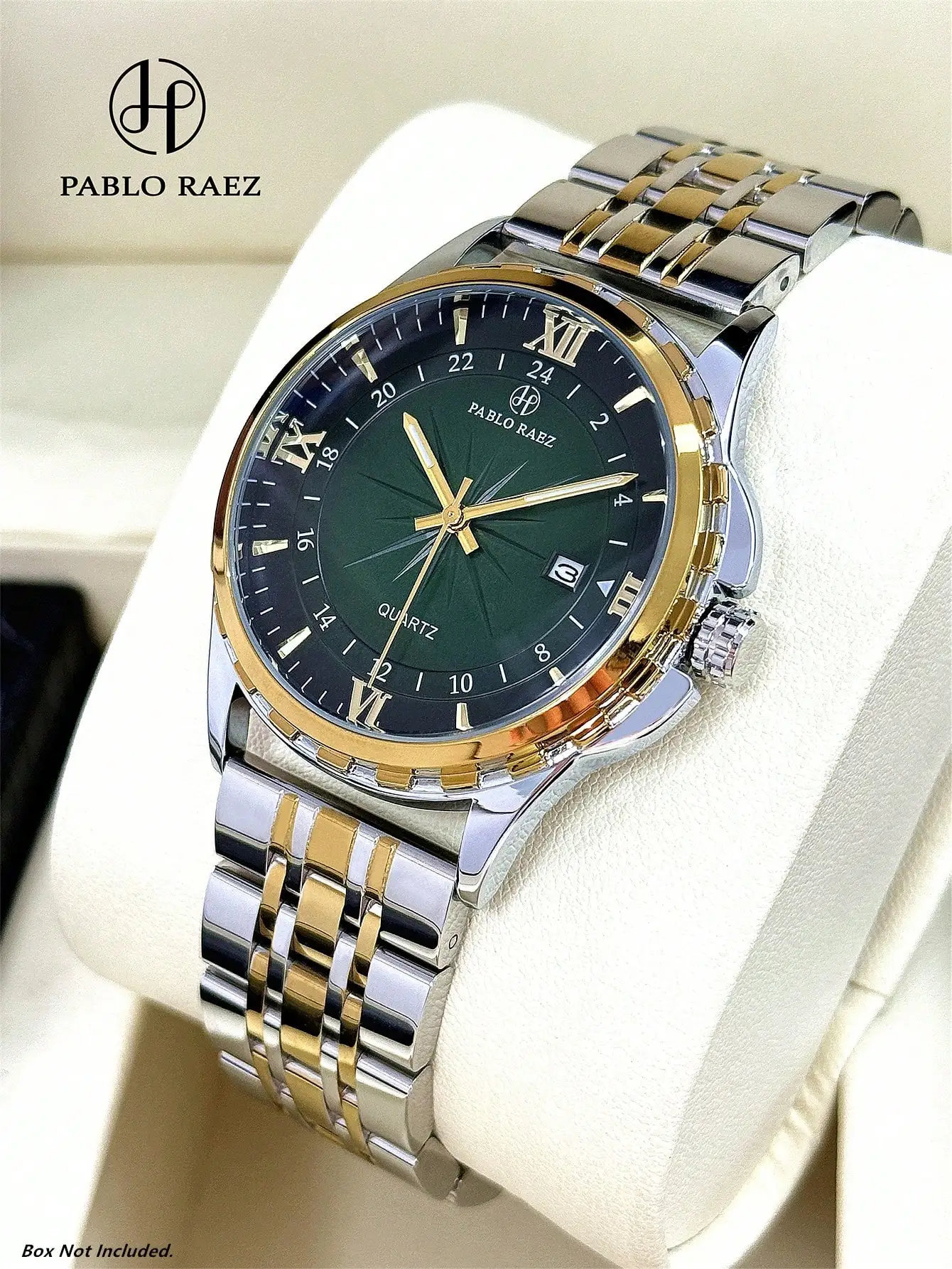 Pablo Raez 1pc Men's Business Watch SUS304 Stainless Steel Gold/Silver Charming Wristwatch Original Brand Non-Fading Case Solid Metal Heavy Strap Classic New Hot-Selling Fashion Roman Numerals And Bar Markers With Date Display Gradient Green Large Dial