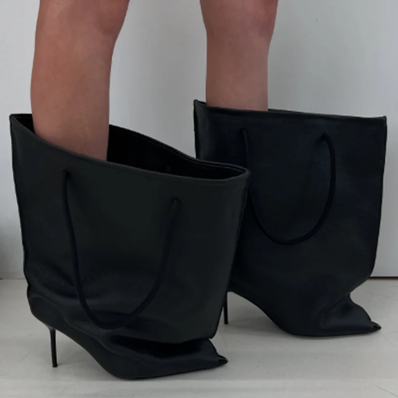 

Black Sculptural Pointed Toe Stiletto Ankle Boots Woman Winter 2026 Red Slip-On Fashion High Heel Handle Trousers Boots