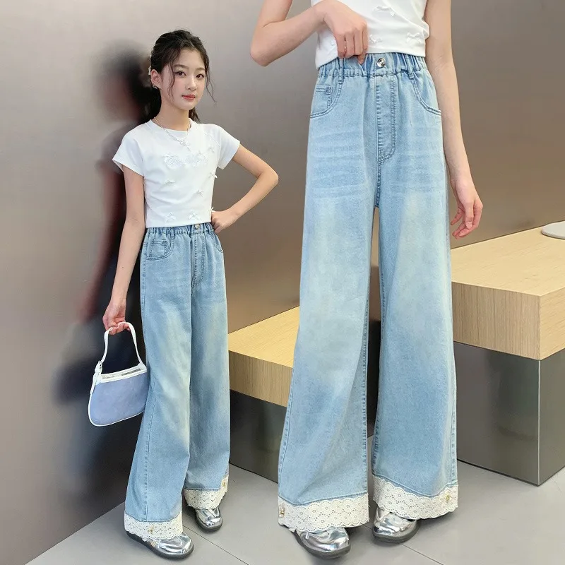 UNITIM Herbst Kinder-Jeans mit Liebes-Stickerei, Gerade Hosen für Junge Mädchen, Lose Elastische Taille, Denim-Hosen für Junge Teenager-Mädchen – Detail 10