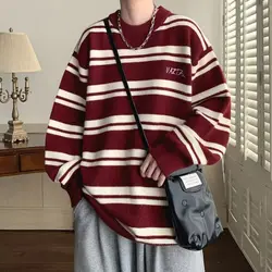 New original burgundy striped sweater for men in autumn and winter oversize high-end Tongxiang sweater niche design sweater y2k