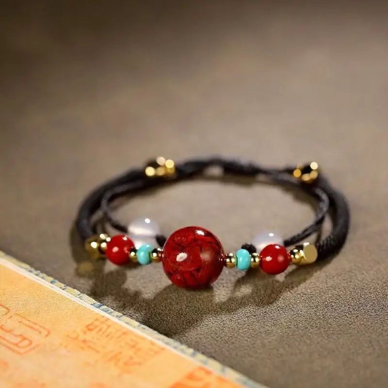 Natural Crystal Sand Passepartout Benmingnian Red Bracelet Men's and Women's Carry-on Cinnabar HandString Entrance Examination