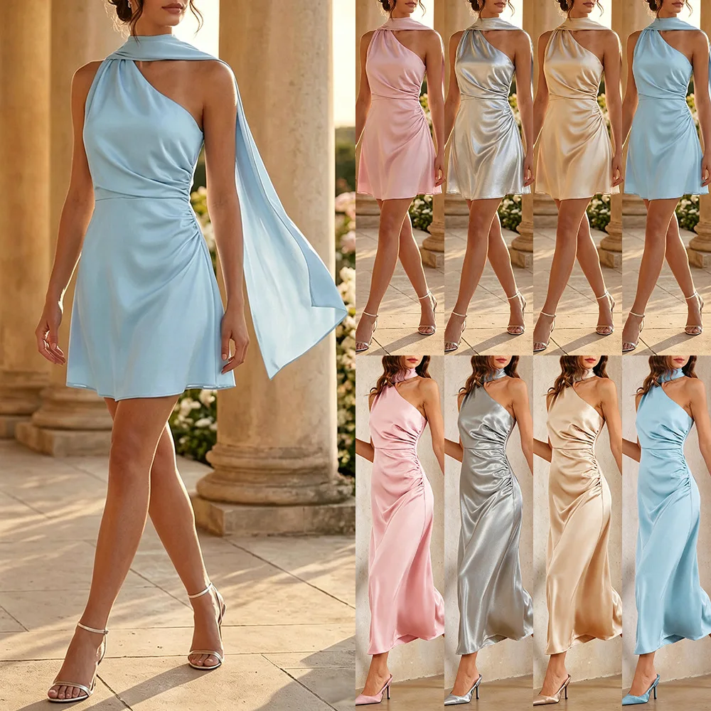 Elegant Satin Evening Dress Women’s Off Shoulder Backless Waist Short Party Dress Spring Summer Matching Set Jumpsuit Playsuit