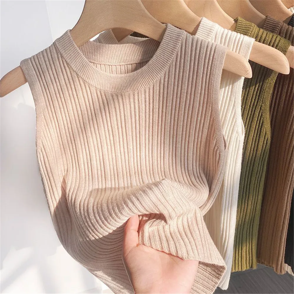 Y2K Tank Top Half Neck Vest Female Sleeveless Sweater O-neck Knitted Top Women Chic Cut Out Streetwear Solid Skinny Tube Top