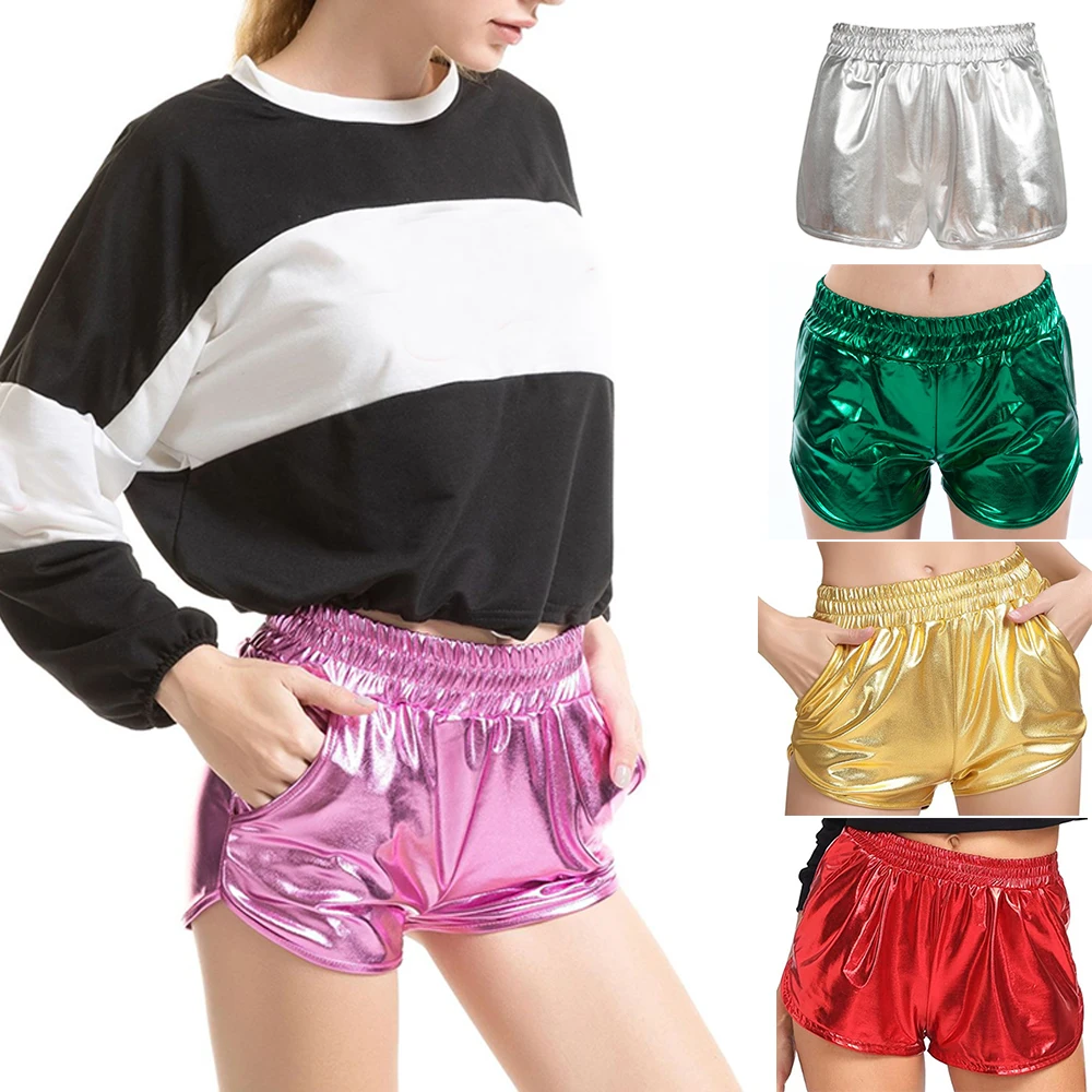 Girl Faux PU Leather High Waist Side Ruched Shorts Women\'s Shiny Metallic Bodycon Shorts Bottom