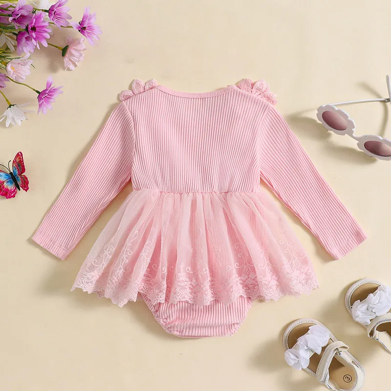 RUEWEY 0 to 18 Months Baby Girl Bodysuit Cute 3D Bow Flower Long Sleeve Patchwork Lace Ribbed Jumpsuit Baby Clothing