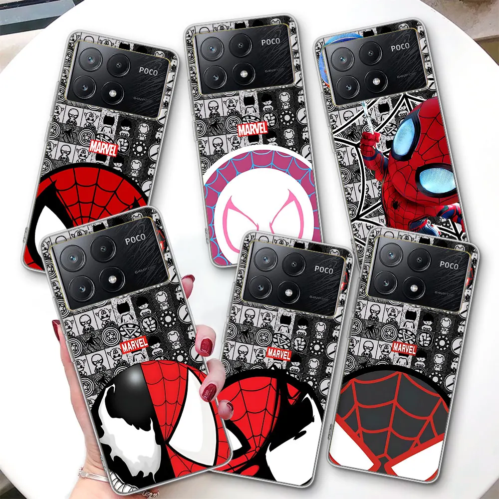 Marvel Spiderman Hero Phone Case for Xiaomi Poco X6 F5 M5s X3 X5 F3 M3 Pocophone F1 X4 F4 M5 F2 Pro TPU Soft Transparent Cover