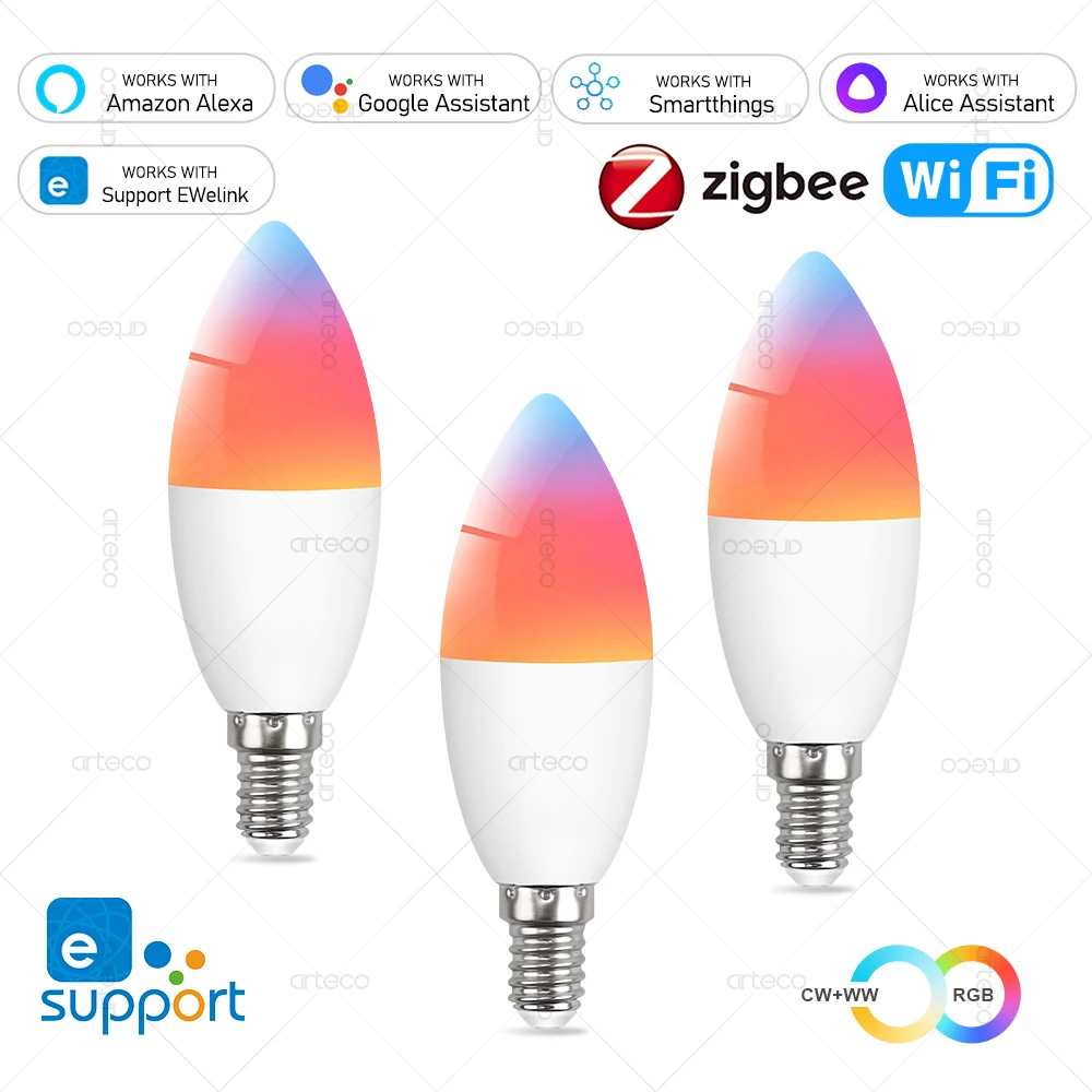 E14 Smart WiFi /Zigbee LED Light Bulb, Dimmable LED Candle Lamp RGB,For Ewelink APP Alexa Google Home Yandex Alice Smartthings