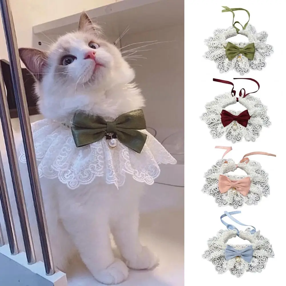 Lace Bowknot Pearl Collar Cat Dog Neckerchief Cute Cats Dogs Bowknot Neckerchief with Bell Pet Bows Necklace Pet Bowtie Gift