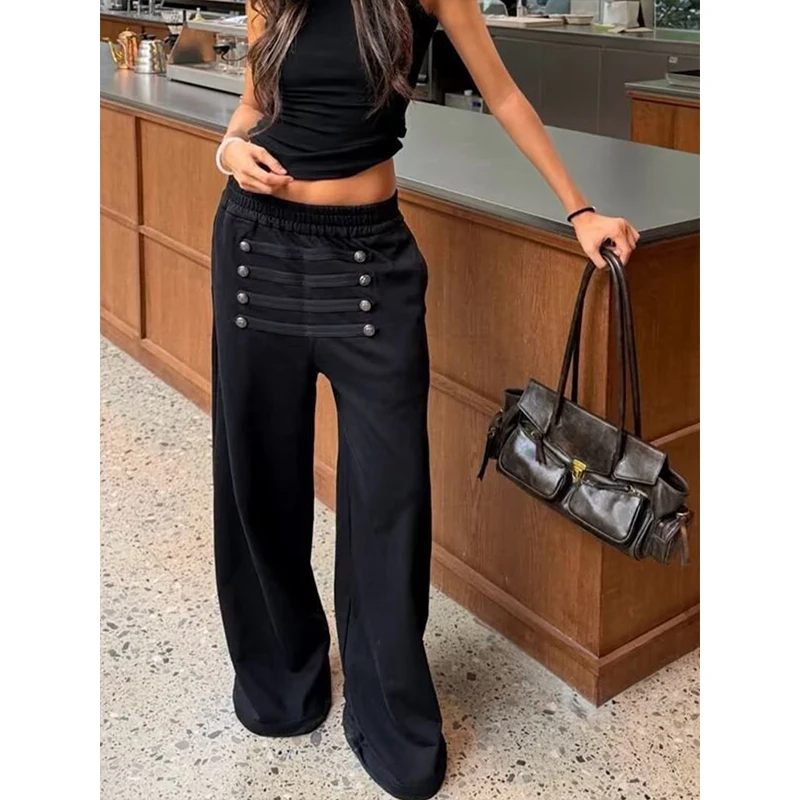 American Retro Wide Leg Sweatpants Women's Autumn Winter Multi-Button Elastic Waist Straight Loose Slimming Floor-Length Casual