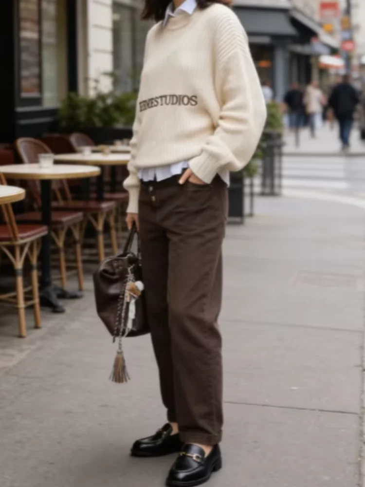 Letter Embroidered Women's Sweater Knit Oversize O-neck Long Sleeve Female Knitwear 2026 Spring Chic Casual Daily Pullover