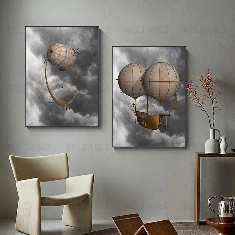 Vintage Hot Air Balloon Retro Steampunk Airship Canvas Painitng Wall Art Picture Poster for Living Room Kidsroom Home Decor